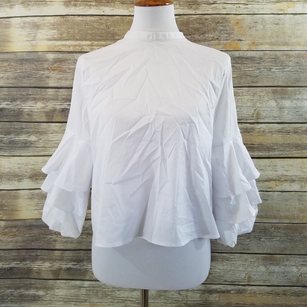 NWT Zara Tiered Ruffle Sleeve High Neck Blouse - Picture 5 of 7